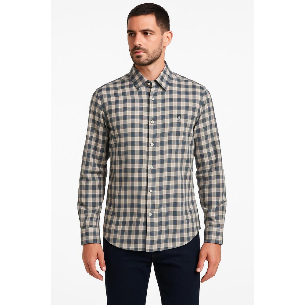 John Varvatos Shirt Mens‎ Large Blue Beige Buttonup Longsleeve Checkered Cotton